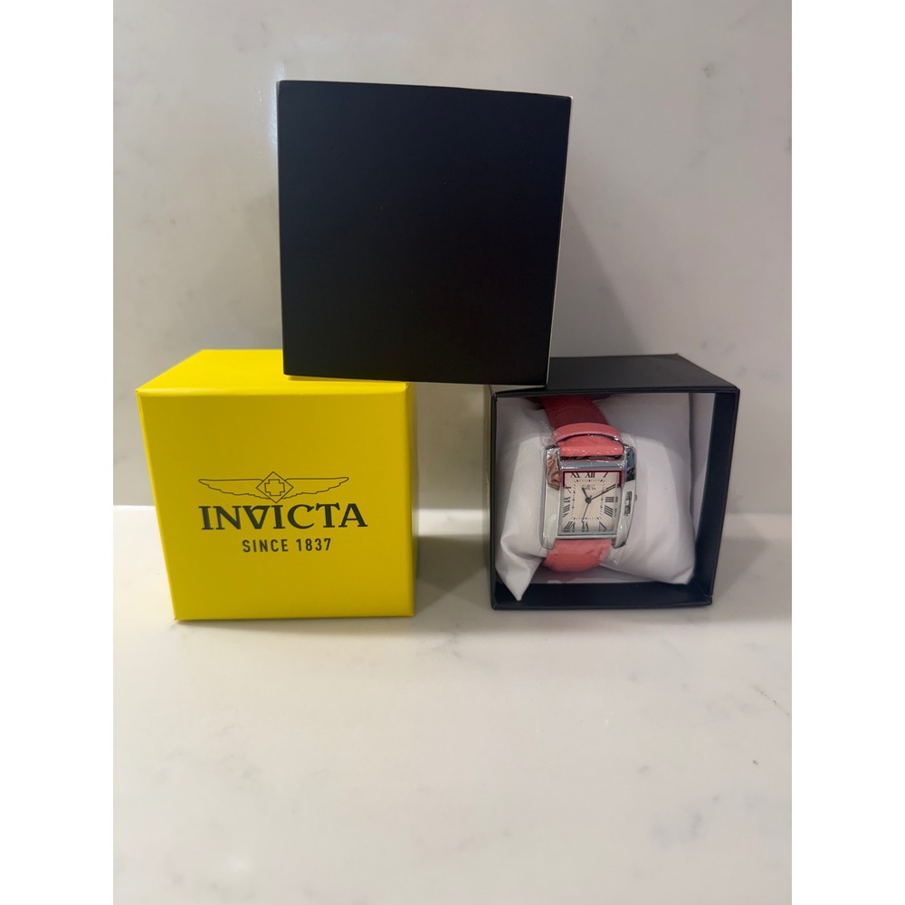 Invicta 70301 Womens Watch Pink Leather Strap Silver Rectangular Roman Numerals